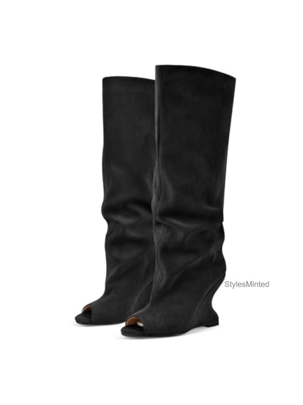 Faux Suede Peep Toe Wedge Boots Slouchy Pull On Knee High Heels